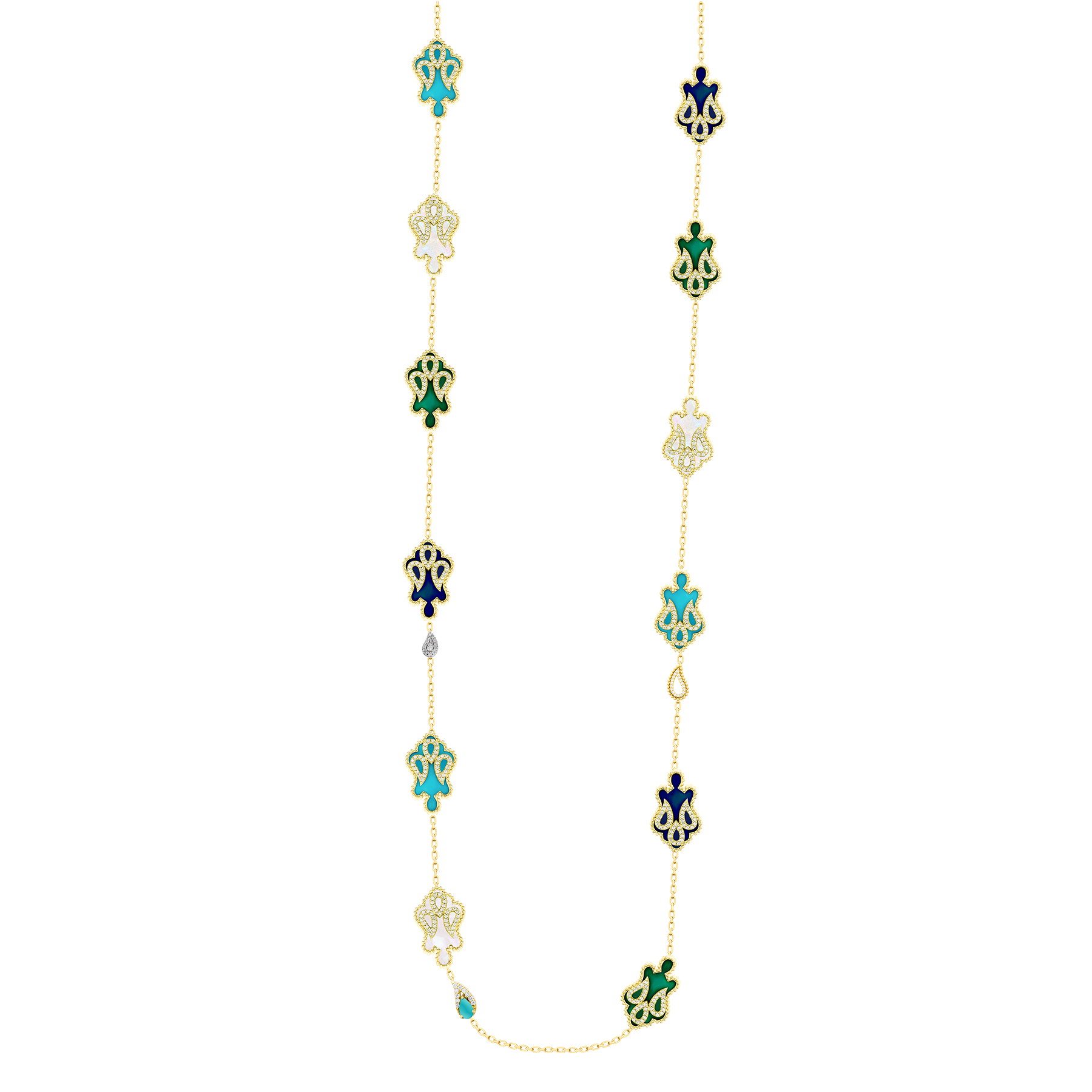 "Asala Gold, Diamond, Turquoise, Jade, Pearl, Lapiz, and Opal Long Necklace "